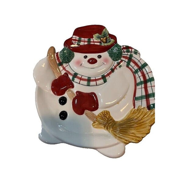 Fitz & Floyd Plaid Snowman Canape Plate Candy Dish Christmas 2063/126 Box - Picture 3 of 5